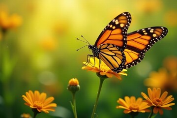 Fototapeta premium Delicate monarch butterfly soaring through sunny sky with wings spread wide, butterflies, nature scene, flight