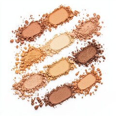 Cosmetic powders in various shades arranged artistically on a white background, showcasing beauty and makeup products.