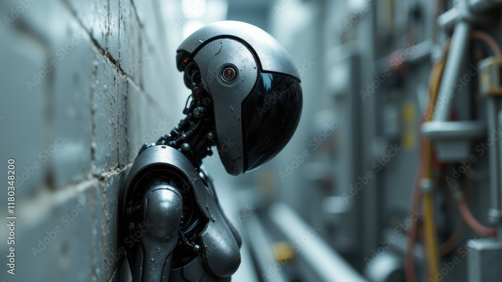 Poster advanced ai robot leaning against wall in factory environment.
