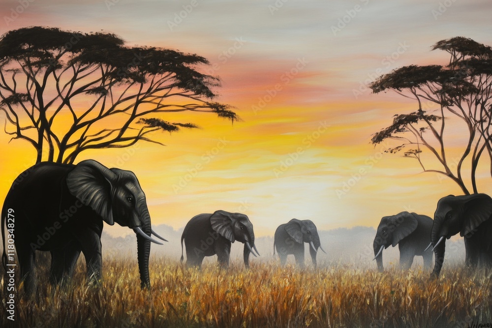 Poster a group of elephants roaming through a green field
