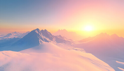 A bright winter sunrise over a vast snowy mountain range, casting long shadows across the white expanse of snow