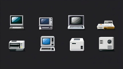 Retro vintage computer & technology illustration. Various obsolete devices on dark background.  Possible use educational, design, or historical reference.