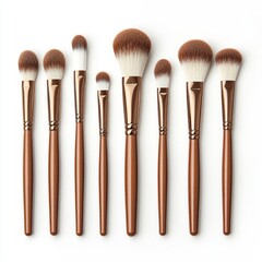 Set of eight professional makeup brushes with rose gold handles, ideal for applying various cosmetic products.