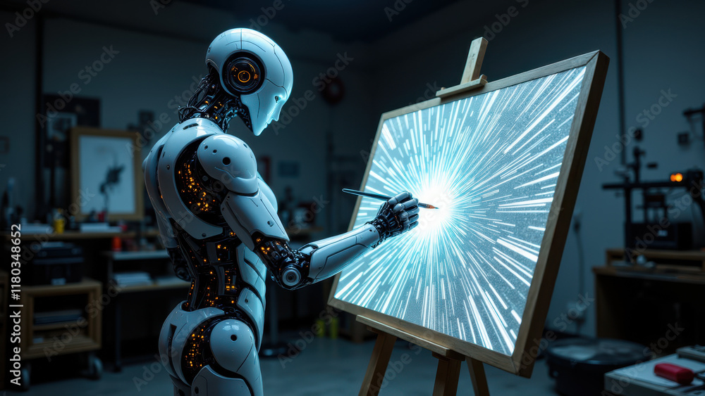 Poster an advanced robot working on an artwork with a painting easel and brushes.