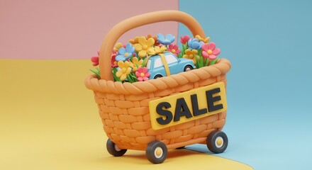 Colorful shopping basket with flowers and car signifying sale promotion