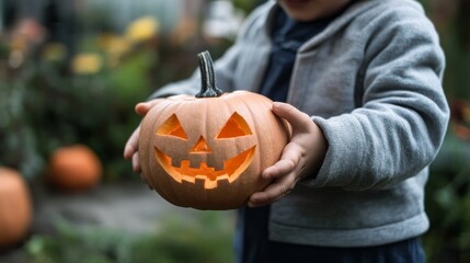 A child joyfully holds a carved jack-o&rsquo;-lantern, the glowing face capturing the spirit of Halloween with playful excitement.
