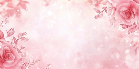 Soft pink background with roses and white space for text, pastel colors, banner design, copy space, banner style, romantic background for a wedding invitation card, light and airy, minimalistic