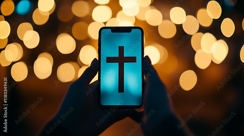 Poster a smartphone displaying a cross against a backdrop of glowing lights.