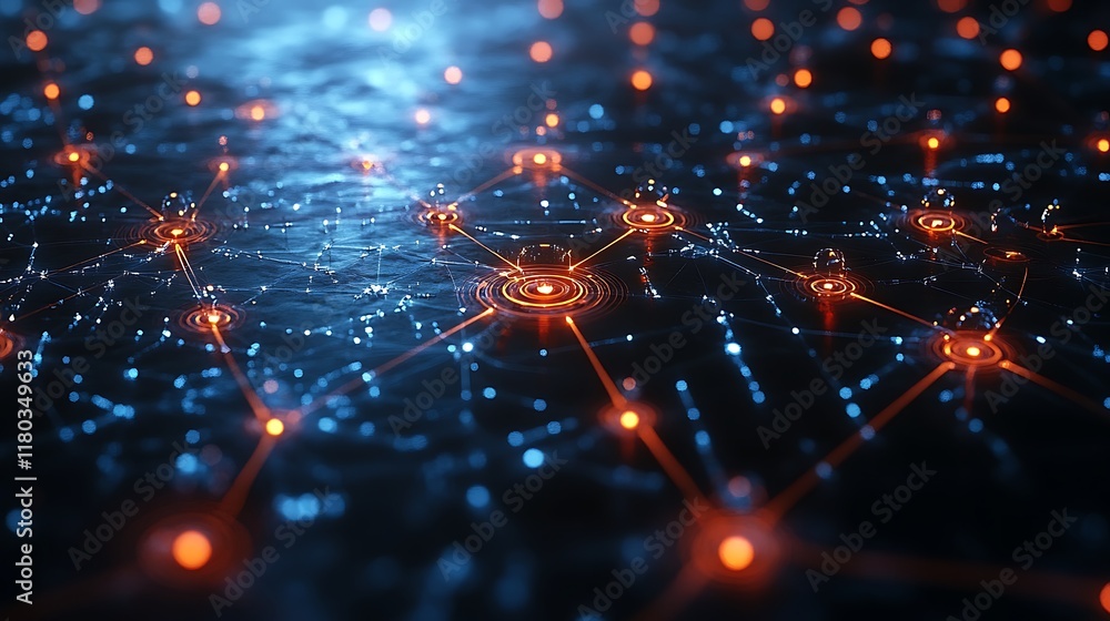 Poster social network technology concept digital user icons interconnected by glowing lines on an abstract 