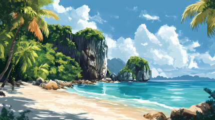 Fototapeta premium Idyllic tropical beach with crystal-clear turquoise water and limestone cliffs. Flamestone. Illustration