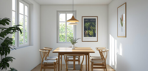 A simple, minimalistic dining room with white walls, wood furniture, and a framed poster, softly illuminated by natural window lighting.