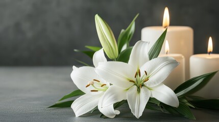 White lily flowers with lit candles on grey backgroundWhite lily flowers with lit candles on grey background
