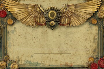 Steampunk-inspired gift certificate with mechanical winged border, brass rivets, vintage pressure gauges, golden cogs pattern, antique paper texture, industrial elements