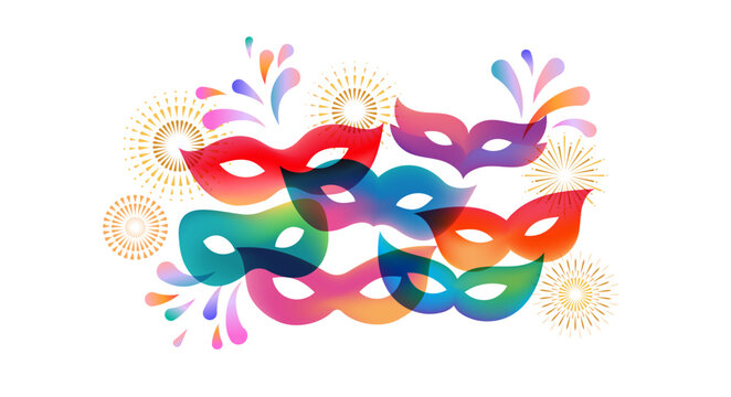 Carnival banner with colorful masks and fireworks. Modern vector background