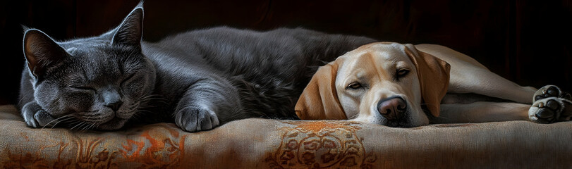 British Shorthair cat and Labrador dog relaxing indoors on a cozy floor AI Generated