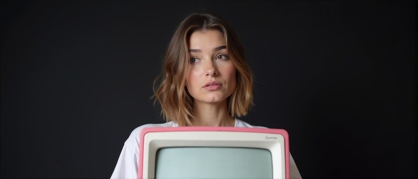 Young woman holding retro television on isolated black background with soft expression and natural lighting