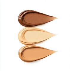 Fototapeta premium Three swatches of foundation in varying shades: dark brown, medium beige, and light beige, showcasing a range for diverse skin tones.