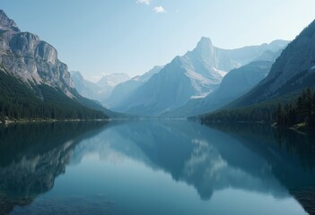 Serene mountain landscape with clear blue lake reflecting peaks under bright sunlight in a tranquil natural setting