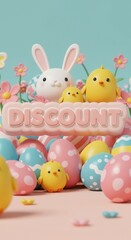Obraz premium Spring sale: cute easter bunny and chick surrounded by colorful eggs and flowers
