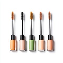 Obraz premium Five mascara tubes in various colors line up, each with a brush applicator, showcasing a range of cosmetic products for makeup enthusiasts.