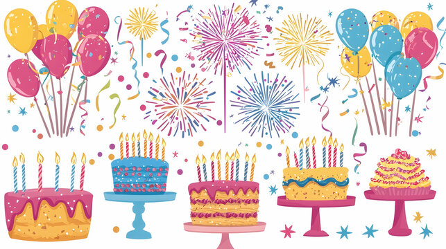 Colorful birthday party decorations, cakes, balloons, confetti, and fireworks.  Ideal for birthday invitations or party design.