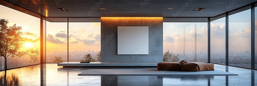 Poster spacious modern room blank white canvas hanging concrete wall geometric lighting the ceiling and a r
