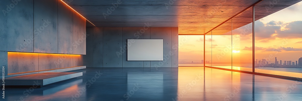 Poster spacious modern room blank white canvas hanging concrete wall geometric lighting the ceiling and a r
