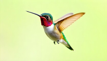 Fototapeta premium A tiny, vibrant hummingbird in mid-flight, displaying vivid and shimmering colors with its long, slender beak and wings above its body, set against a light green background with negative space