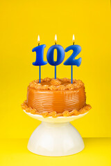 Happy birthday cake with number 102 candle - Card on a yellow background.