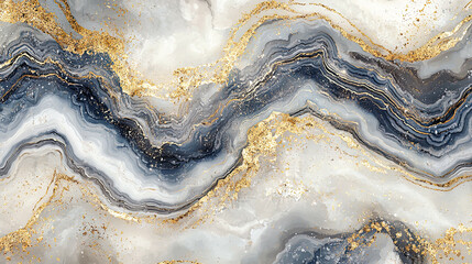 Obraz premium Swirling fluid marble design in blue and white, intricate gold accents with polished textures and flowing abstract shapes 