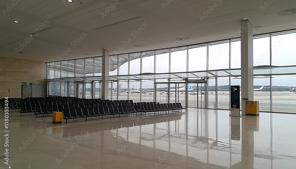 Poster a spacious airport terminal with seating and large windows overlooking the runway.
