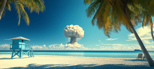 Nuclear explosion with mushroom cloud rising on horizon of tropical island beach. Vibrant blue lifeguard tower, palm trees, ocean waves, and sunny sky create stark contrast of peace and destruction.