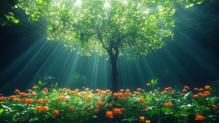 Sunbeams illuminating a green meadow