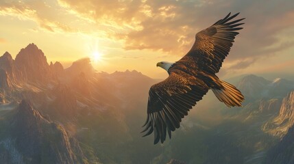 majestic bald eagle flying over a mountain range, with the sky painted in sunset tones generative ai