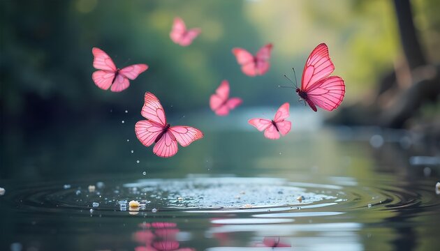 Pink butterflies flying above the water - Powered by Adobe