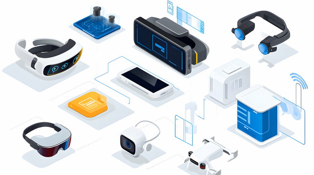 Futuristic technology devices interconnected in an isometric graphic design, showcasing VR headsets, smartphones, drones, and other gadgets; technology network in the background.