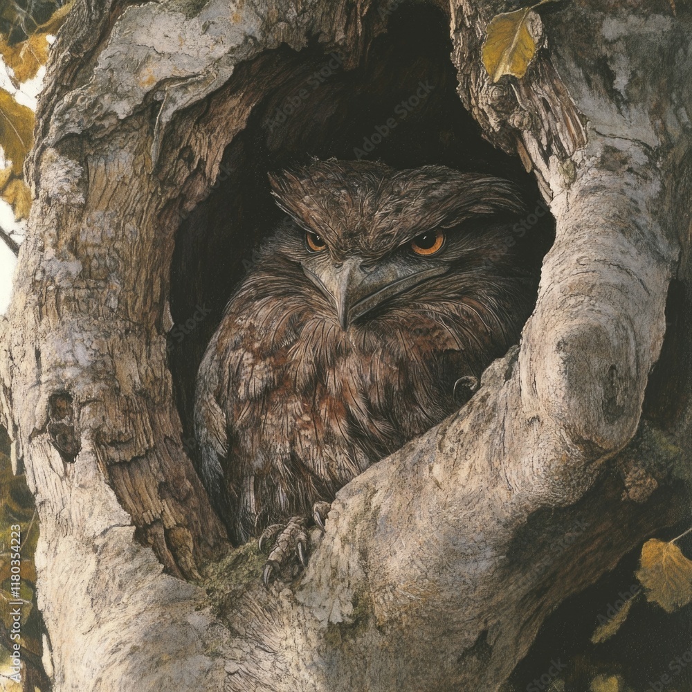 Poster A wise owl perched in the natural curve of a tree's trunk