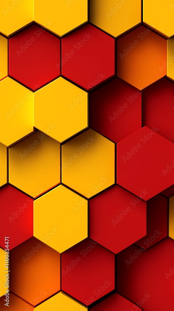 Poster abstract geometric backdrop featuring vibrant red and yellow hexagonal patterns with modern and futu