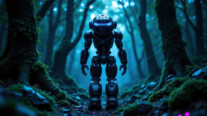 A robot standing alone in an otherworldly forest, representing AI's emergence into nature.