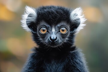 A close-up view of a black and white lemur's face, emphasizing its unique markings