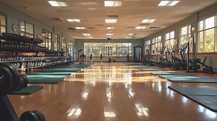 A spacious gym with weights, mats, and exercise equipment for fitness activities.