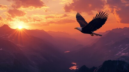 Obraz premium majestic bald eagle flying over a mountain range, with the sky painted in sunset tones generative ai