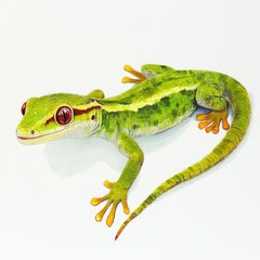 Fototapeta premium A close-up shot of a green gecko with bright red eyes sitting on a white surface