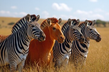 Naklejka premium A herd of zebras grazing on a dry grass field
