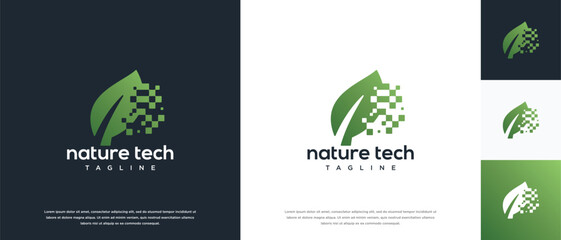 Green leaf technology logo design template. Nature leaf digital technology logo design vector icon
