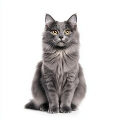 Obraz premium A beautiful gray Nebelung cat with striking yellow eyes sitting elegantly against a clean white background.