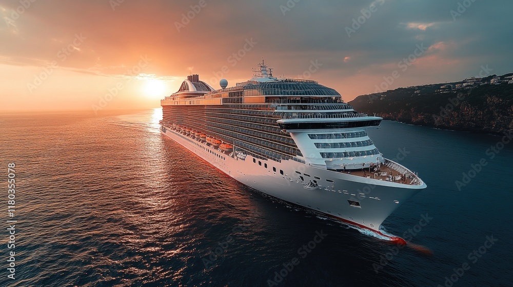 Poster a luxurious cruise ship gliding through the calm waters of the ocean as the sun sets behind it, crea