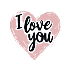 Pink heart with handwritten black I love you text in bold, playful style on a white background. Romantic love concept art. Valentine's day illustration.