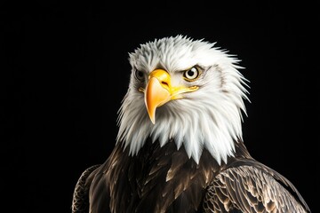Obraz premium Close-up shot of a bald eagle perched on a black surface