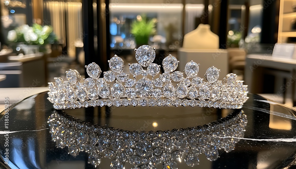 Poster a sparkling tiara displayed on a reflective surface in a luxurious setting.